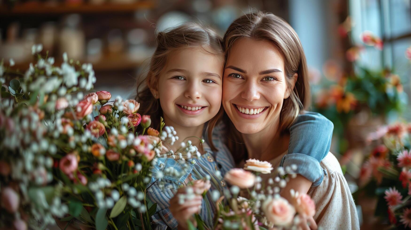 ai gerado mulher e criança se beijando dentro flor campo foto