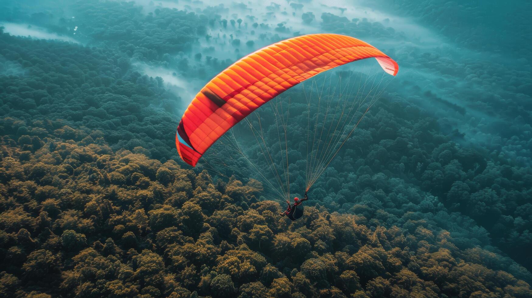 ai gerado pessoa parasailing sobre exuberante verde floresta foto