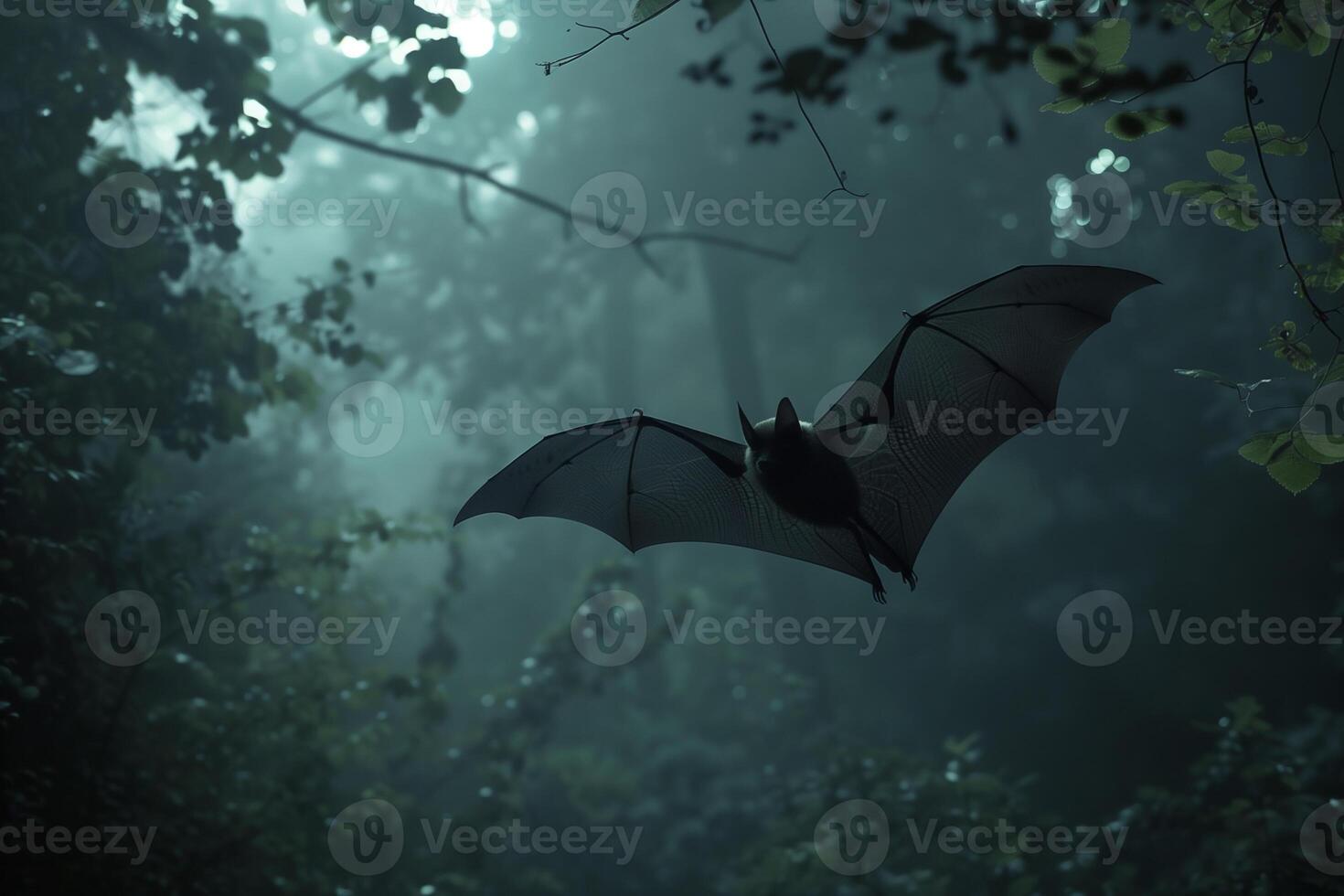 ai gerado bastão vôo dentro Sombrio floresta. generativo ai foto