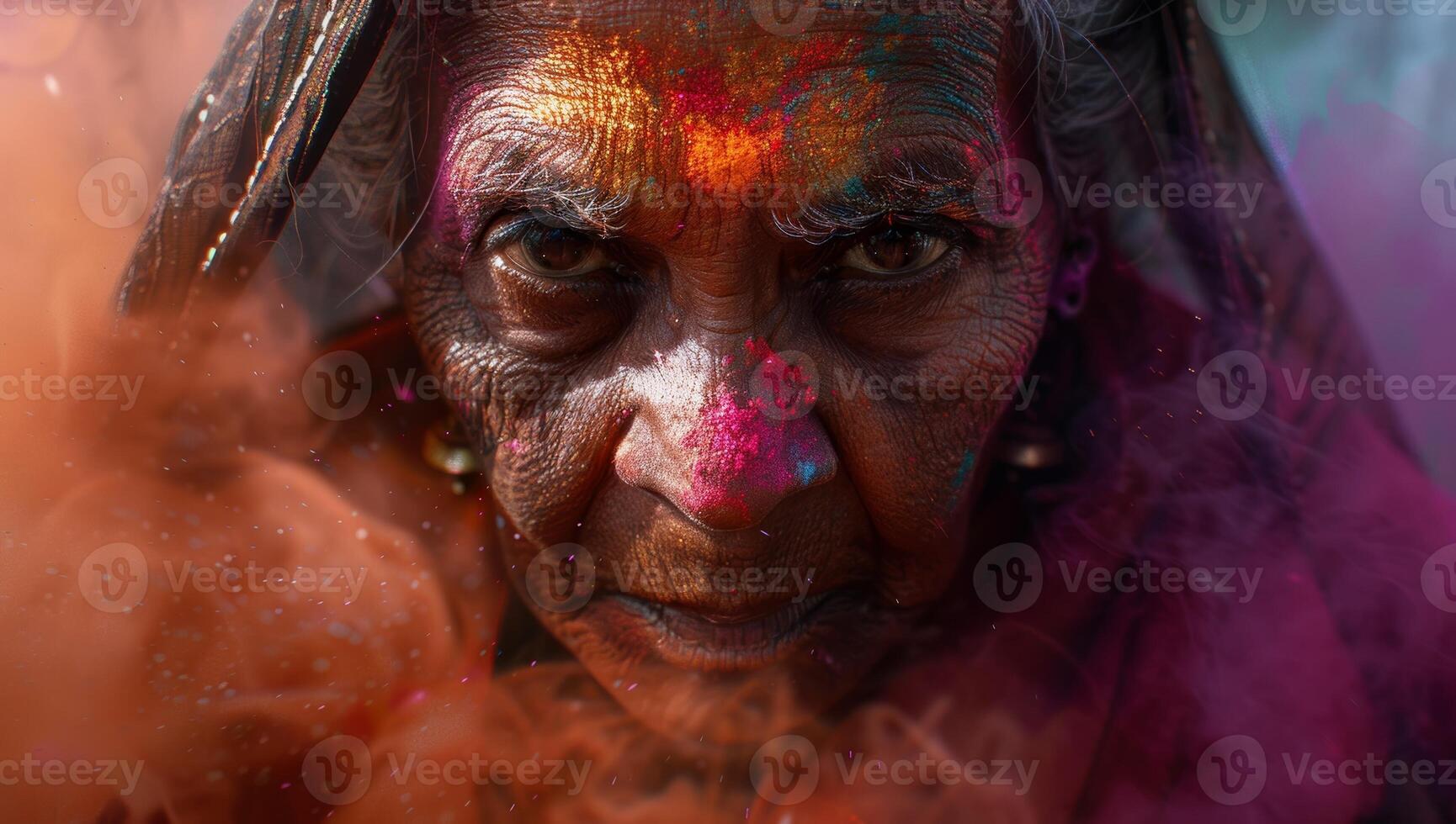 ai gerado retrato do a idosos indiano mulher com colorida pó em dela face durante a holi festival. foto