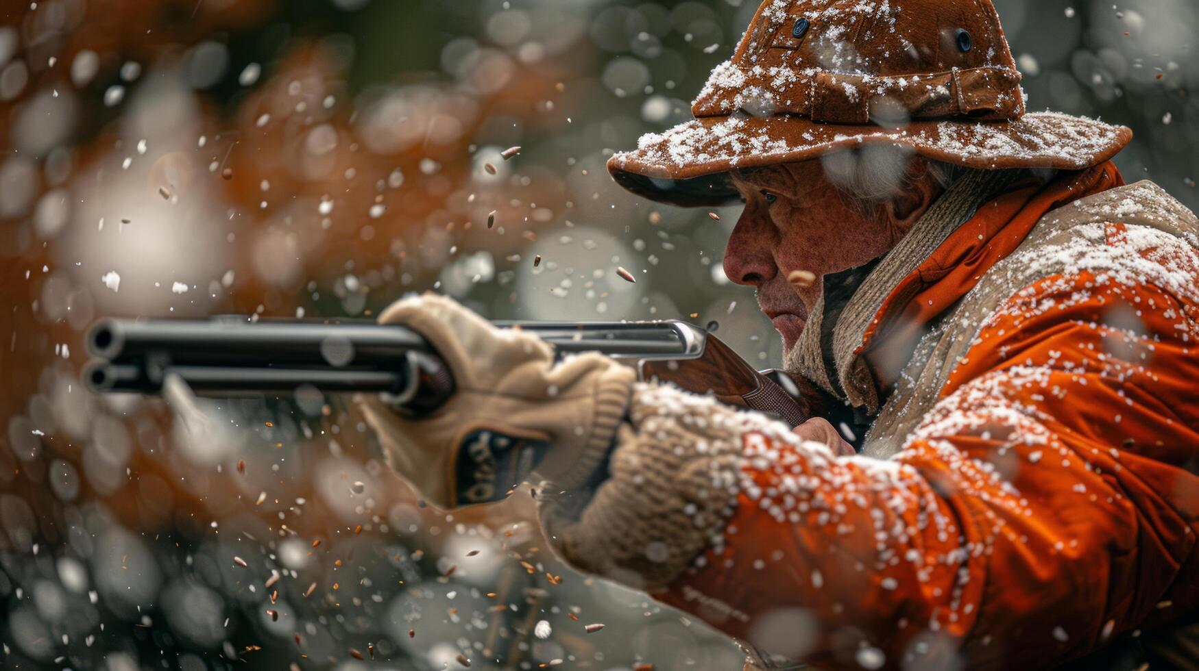 ai gerado homem dentro laranja casaco e chapéu segurando arma de fogo foto