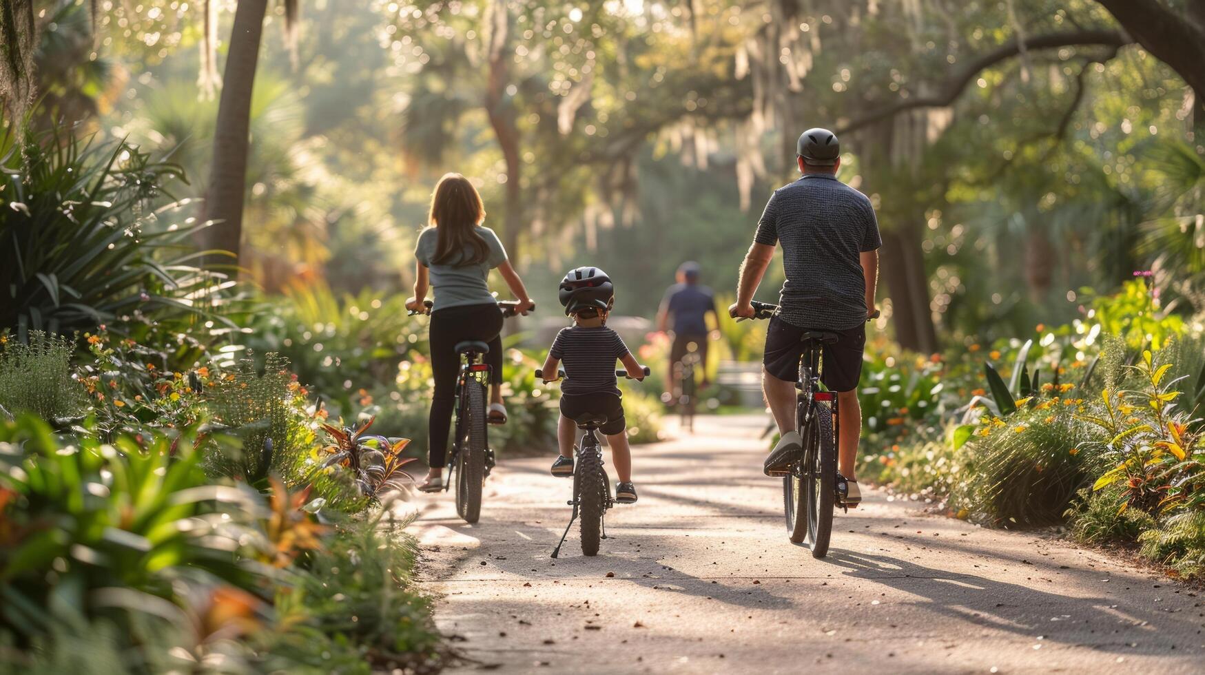 ai gerado família equitação bicicletas baixa sujeira estrada foto