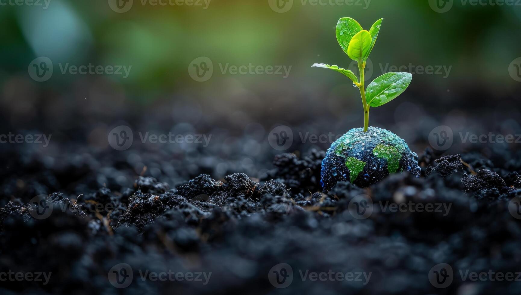 ai gerado fechar acima do uma pequeno plantar crescendo Fora do a sujeira com uma pequeno globo dentro a Centro do a plantar com água gotas em a globo. terra dia conceito foto