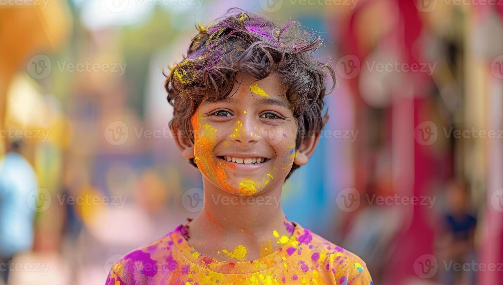 ai gerado indiano Garoto comemora holi festival com colorida pó foto