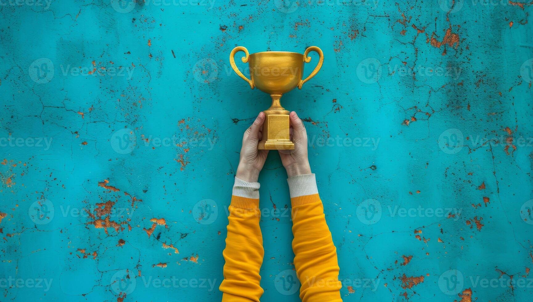 ai gerado mão segurando uma ouro troféu foto