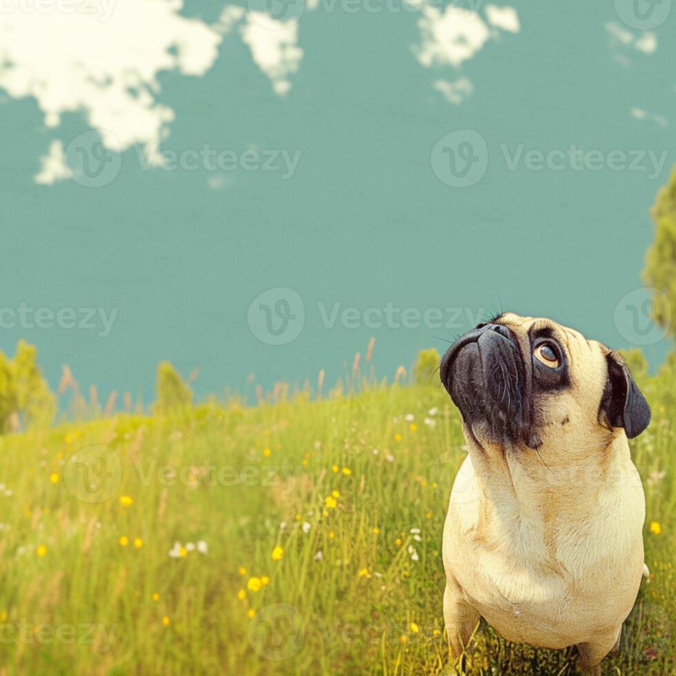 ai gerado vintage charme velho pug olhares fixos às a horizonte dentro uma Prado para social meios de comunicação postar Tamanho foto