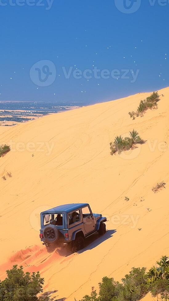 ai gerado turista escapada amarelo areia dunas com uma jipe carro vertical Móvel papel de parede foto