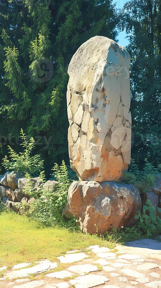 ai gerado ampla natural pedra calçada portuguesa mentiras perto uma coluna dentro natureza vertical Móvel papel de parede foto