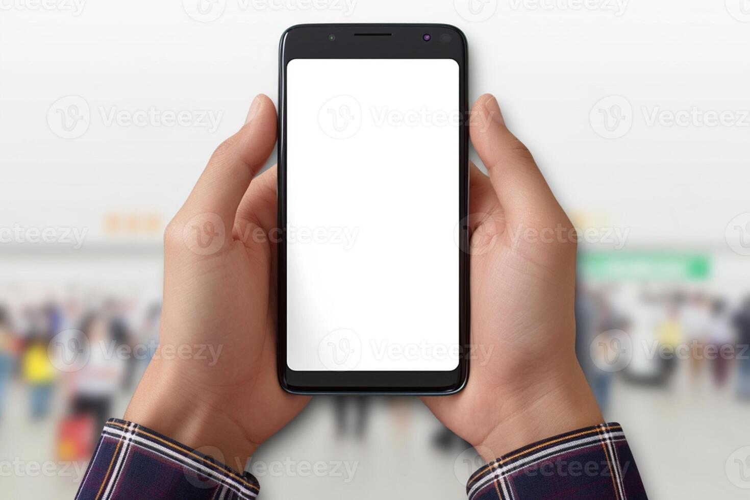 ai gerado Móvel conveniência masculino mãos aguarde Smartphone com em branco branco tela foto
