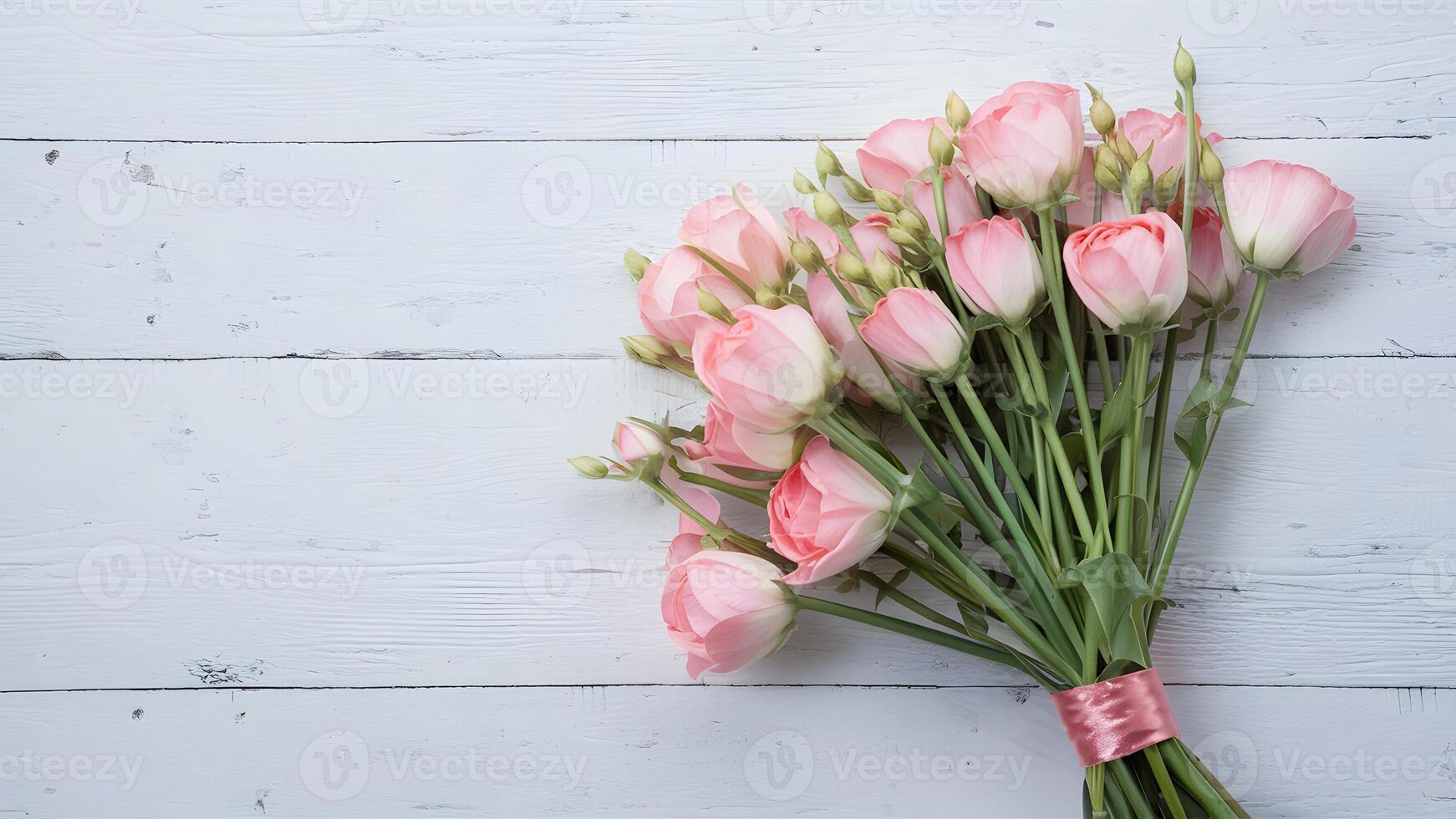 ai gerado celebração vibrações com suave Rosa Primavera flores ramalhete em branco foto