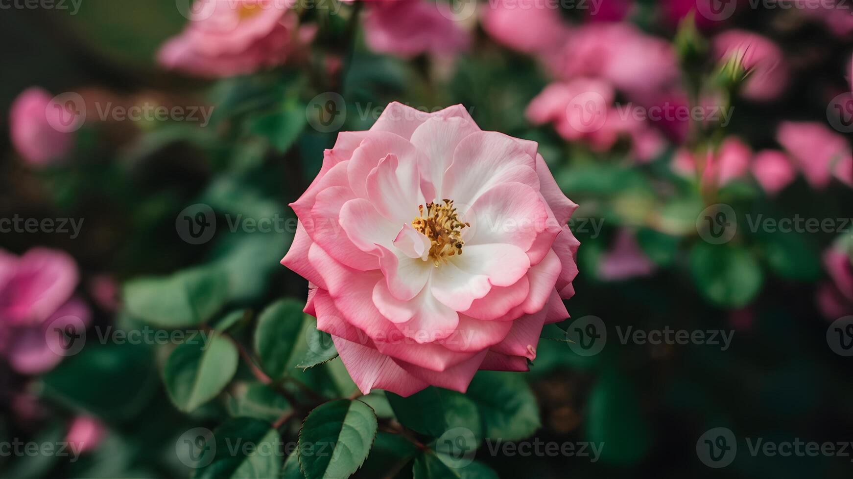 ai gerado raso fundo com ultra tolet rosa dentro cheio florescer, Rosa jardim foto