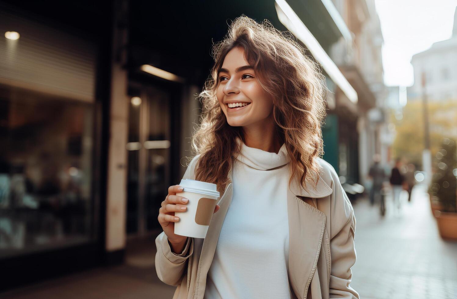 ai gerado uma mulher bebendo café a partir de uma saco em pé em a rua foto