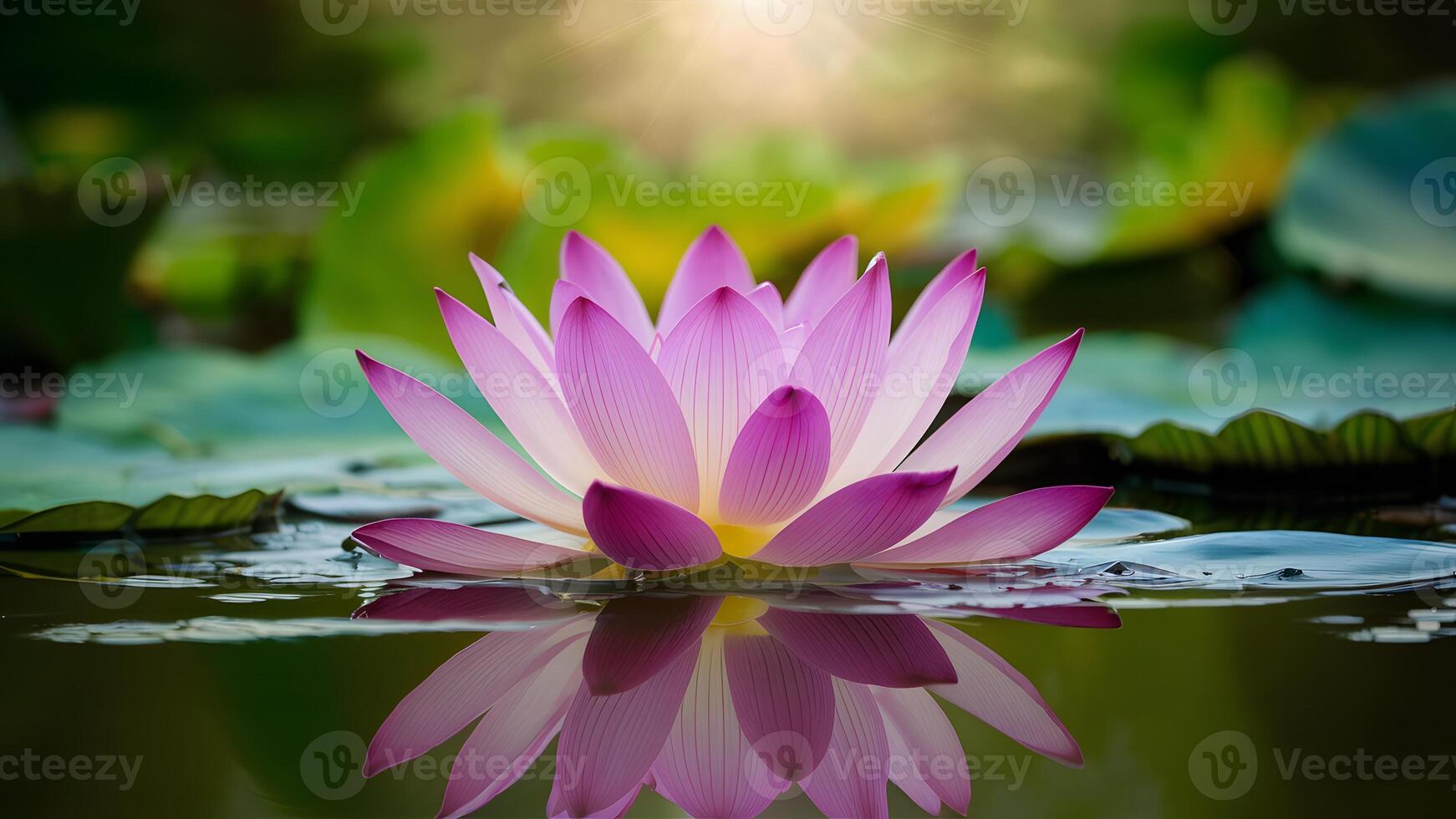 ai gerado lindo roxa lótus flor com Sol flare sobre ainda água foto