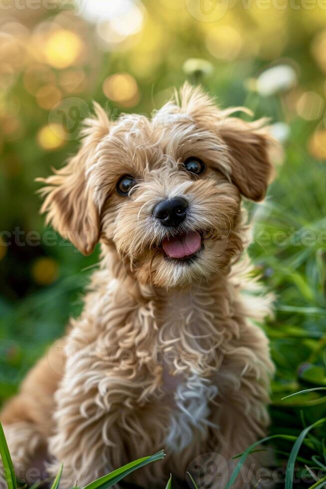 ai gerado danadinho encaracolado cachorro com luz Castanho cor sentado em Relva e olhando às Câmera foto