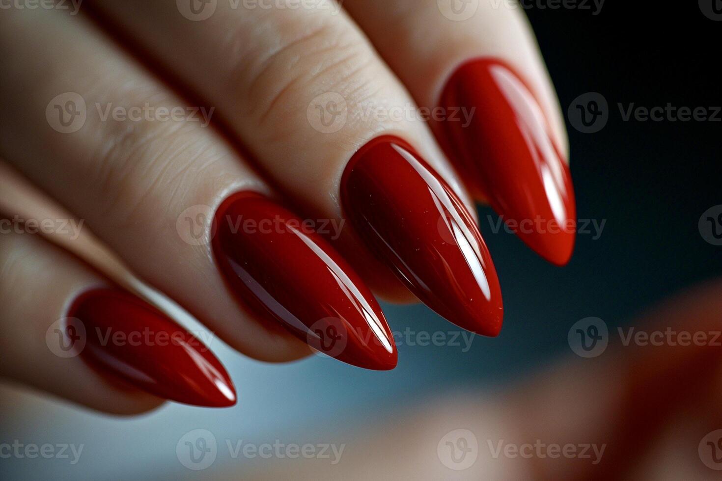 ai gerado fechar-se do uma mulher dedos com uma brilhante vermelho manicure dentro uma spa salão foto