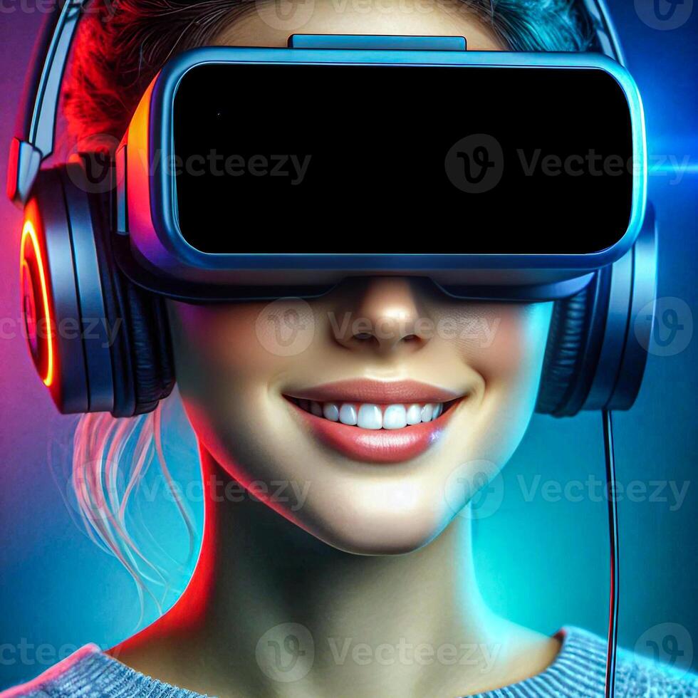 ai gerado uma menina com vr óculos tocam uma virtual vídeo jogos usando tecnologia foto