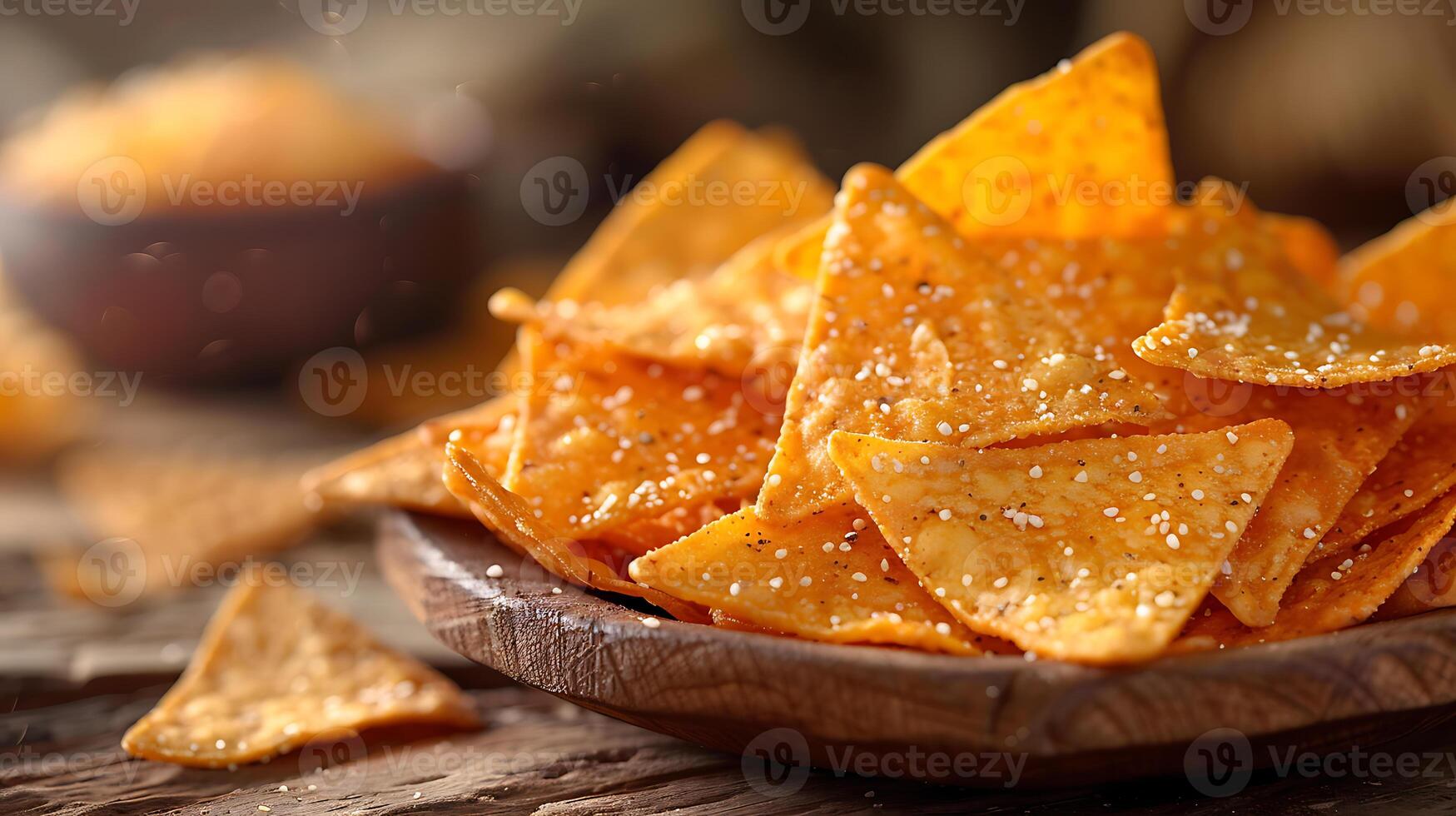 ai gerado fresco saboroso Comida nachos em uma de madeira mesa fechar acima Visão foto