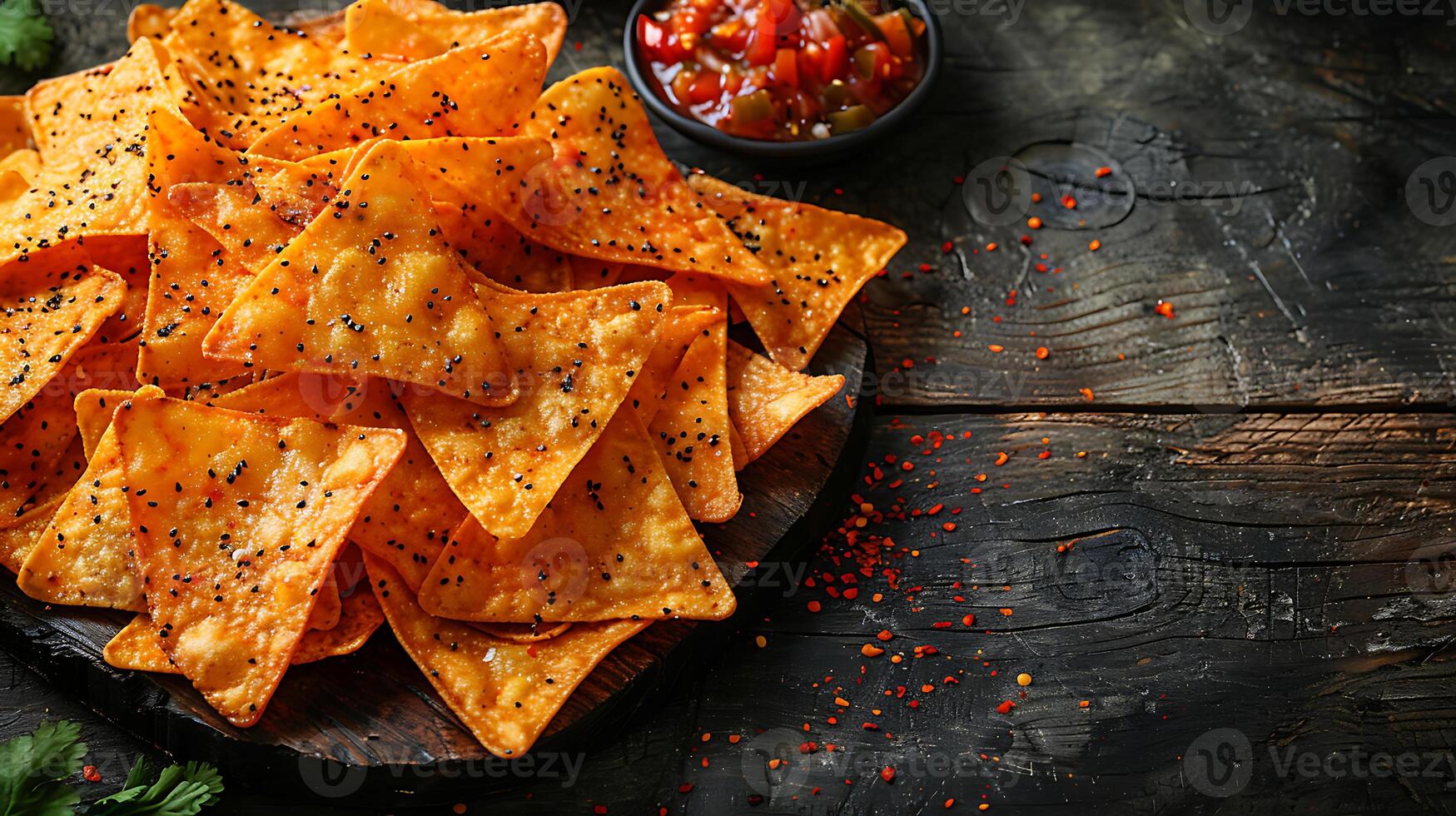 ai gerado fresco saboroso Comida nachos em uma de madeira mesa fechar acima Visão foto