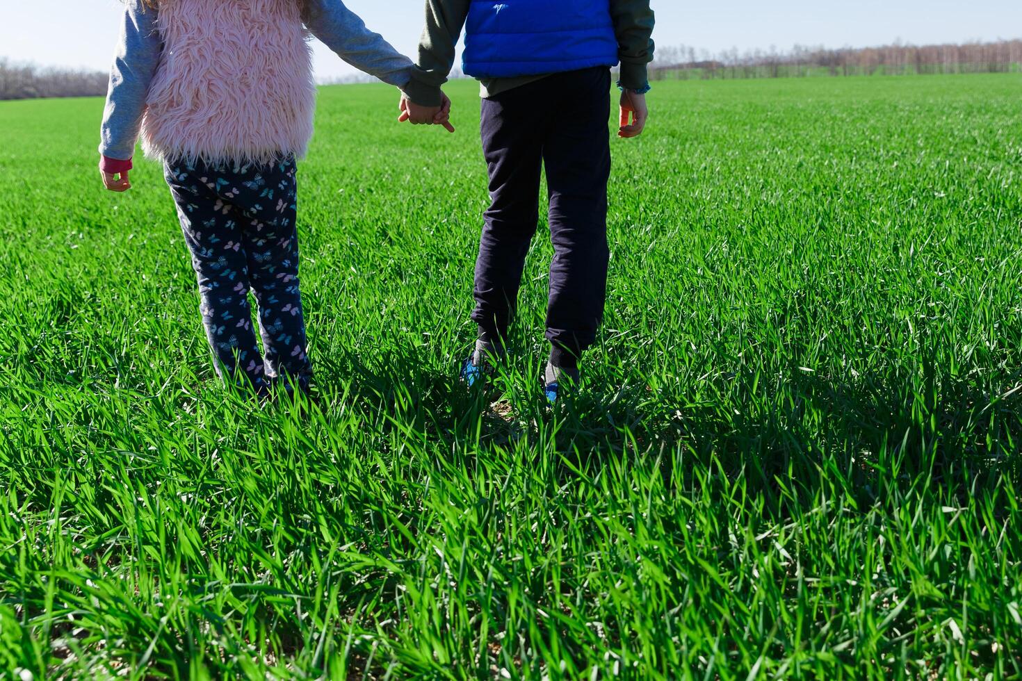 crianças ficar de pé em uma campo com verde grama, Primavera foto