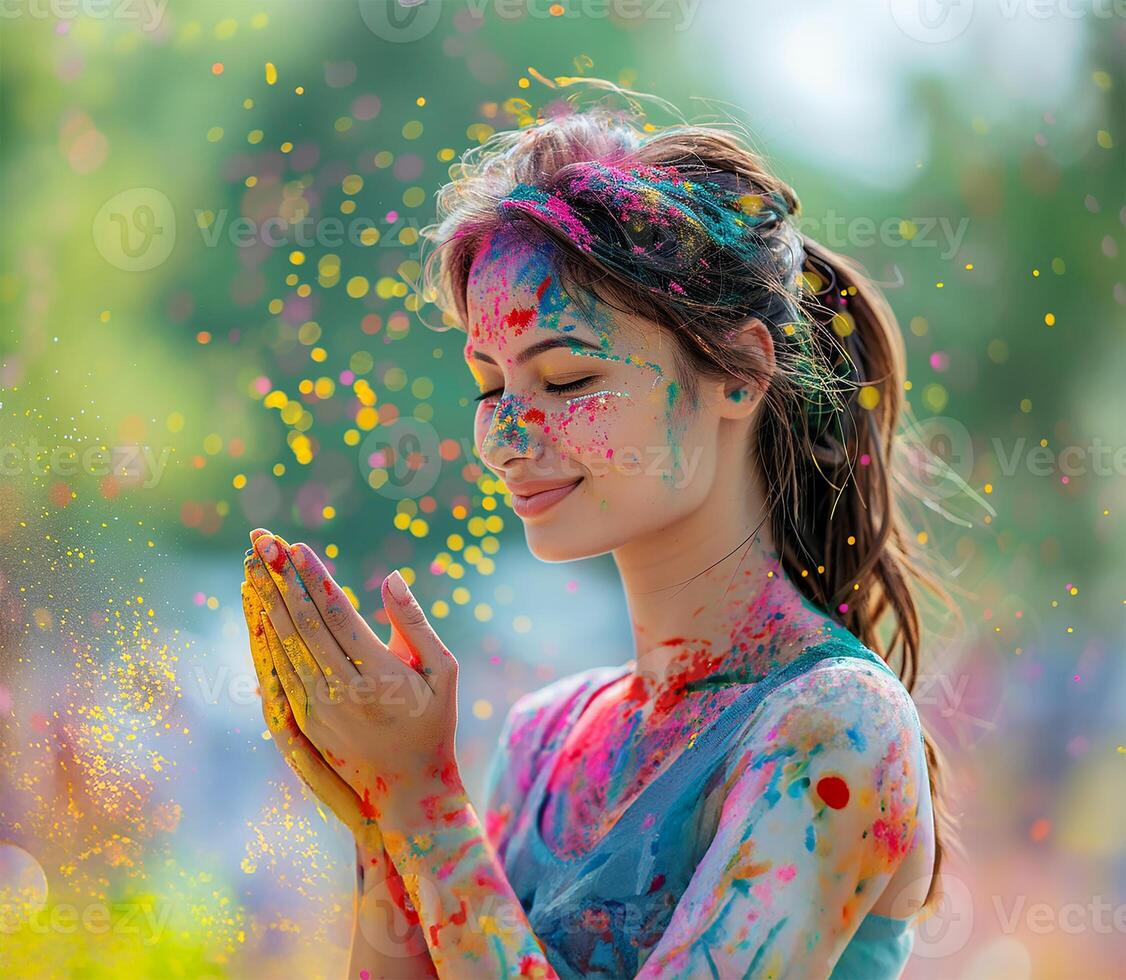 ai gerado mulher desfrutando holi cor jogar foto