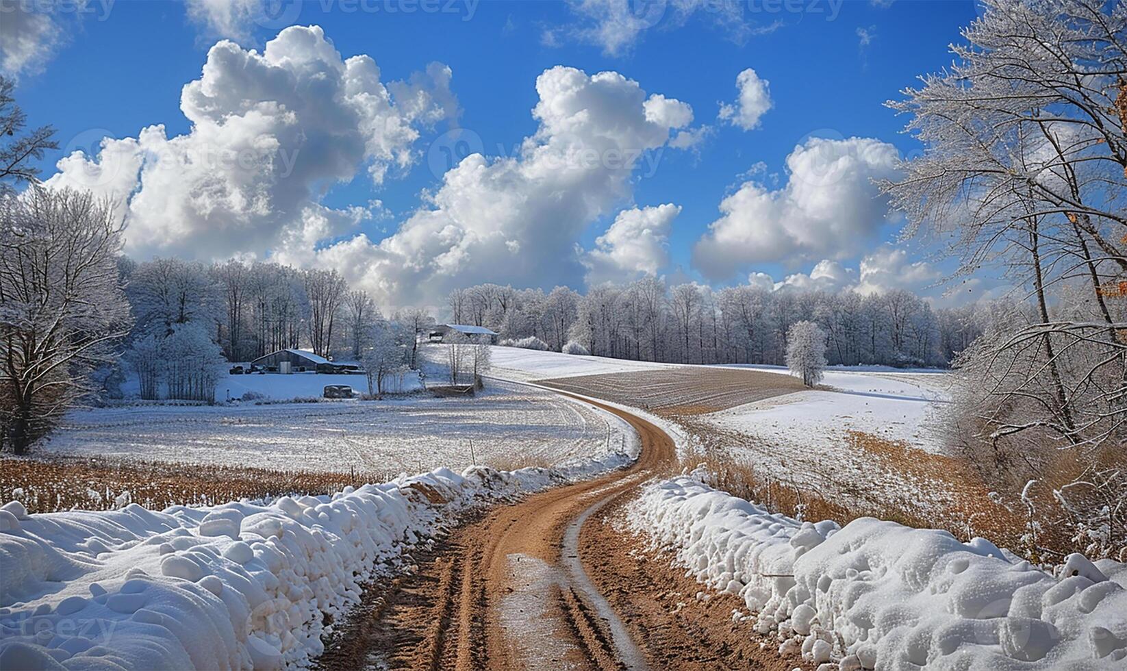 ai gerado Nevado caminho para gelado bosques, azul céu foto