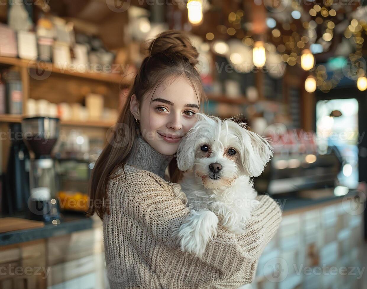 ai gerado cafeteria cena, mulher segurando dela branco cachorro foto