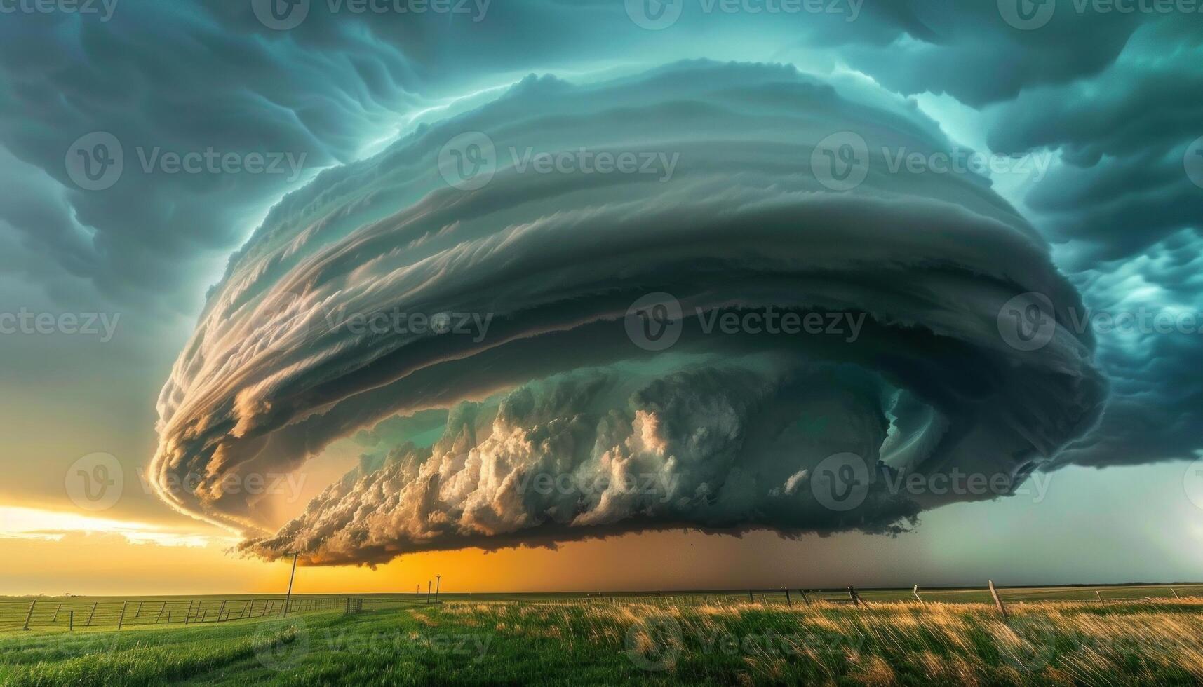 ai gerado majestoso supercélula tempestade formação às pôr do sol foto