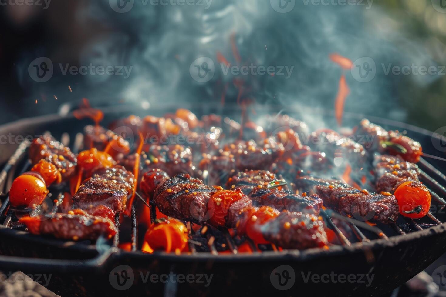 ai gerado churrasco grade com queimando fogo fechar-se foto. gerar ai foto