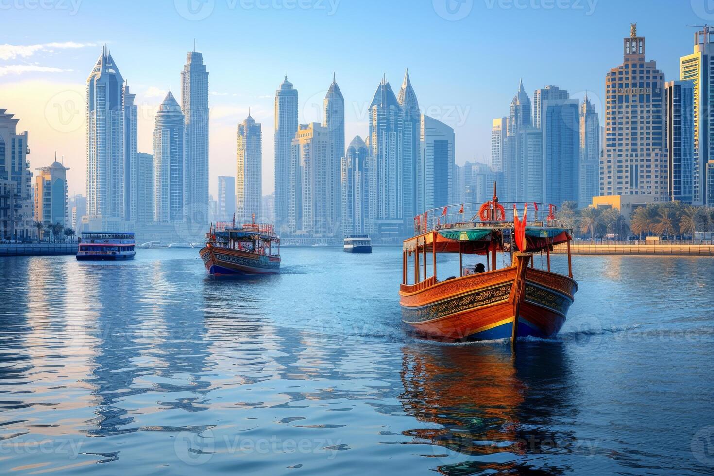 ai gerado cidade Horizonte do dubai a partir de a tranquilo águas do a dubai Riacho foto