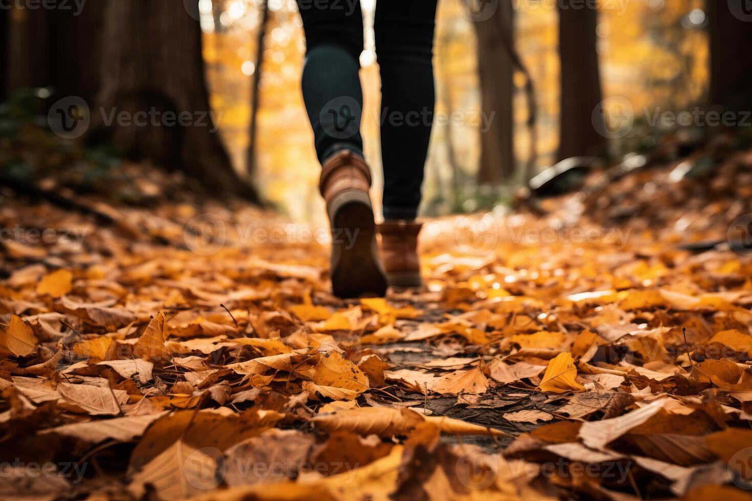 ai gerado uma fechar acima do uma pessoas pés caminhando ao longo uma floresta caminho acarpetado com caído folhas, imersão dentro a sensorial delícias do outono. generativo ai foto