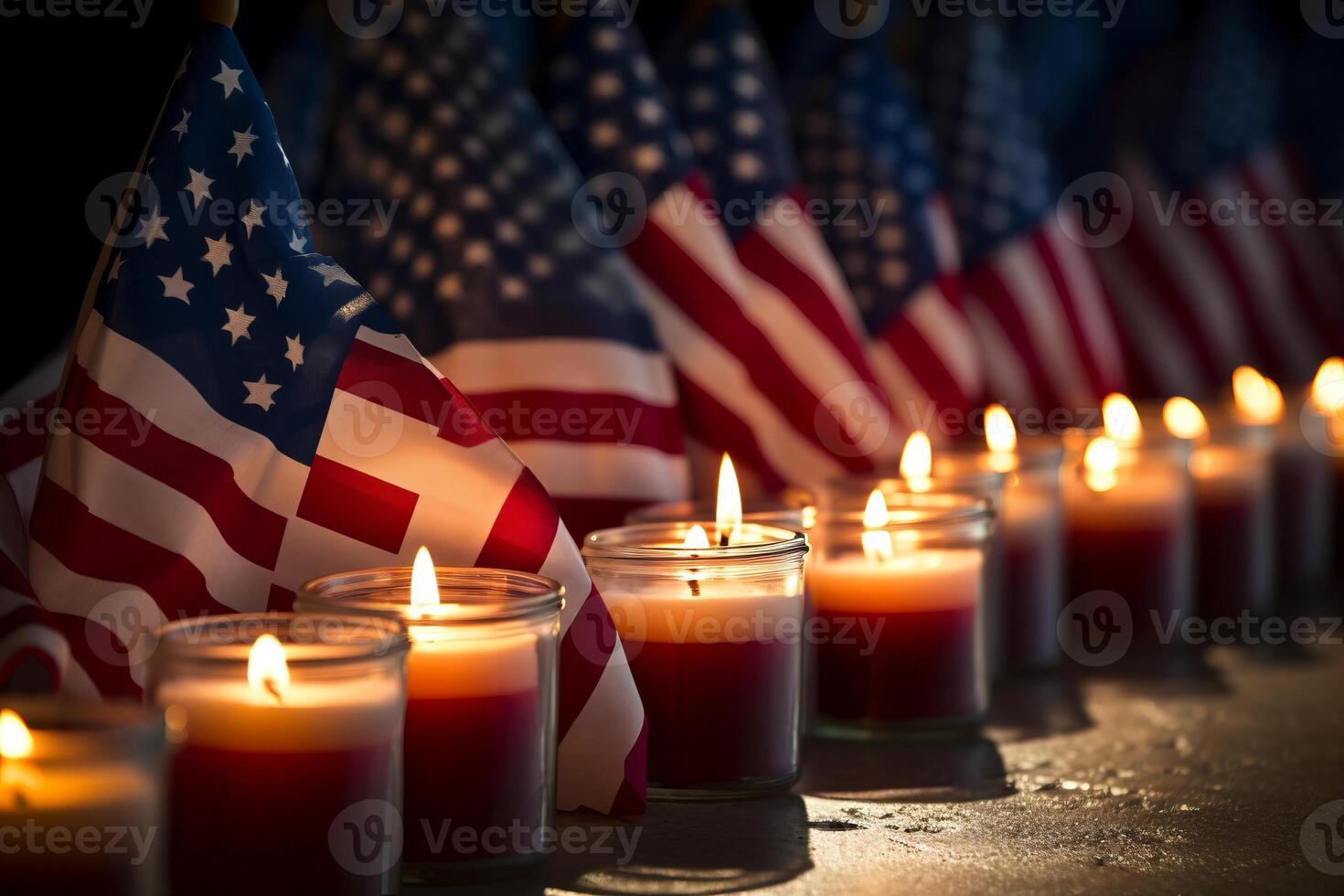 ai gerado a americano bandeira suavemente drapejar sobre uma linha do memorial velas em patriota dia. generativo ai foto