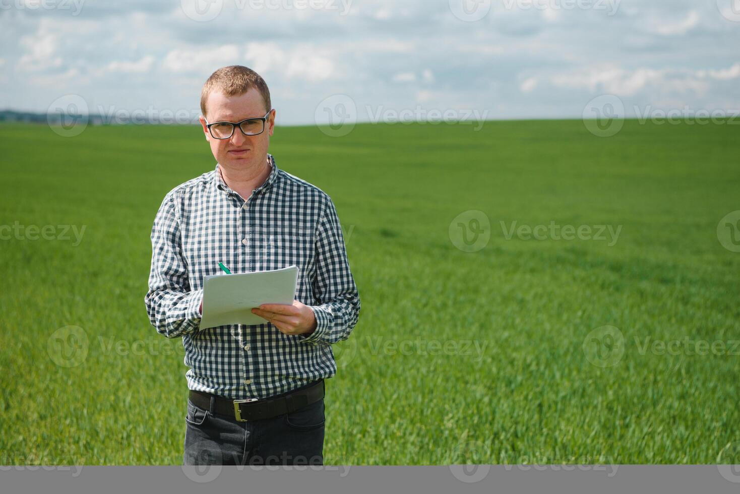 jovem agricultor em uma trigo campo. jovem trigo dentro Primavera. agricultura conceito. a agrônomo examina a processo do amadurecimento trigo dentro a campo. a conceito do a agrícola negócios. foto