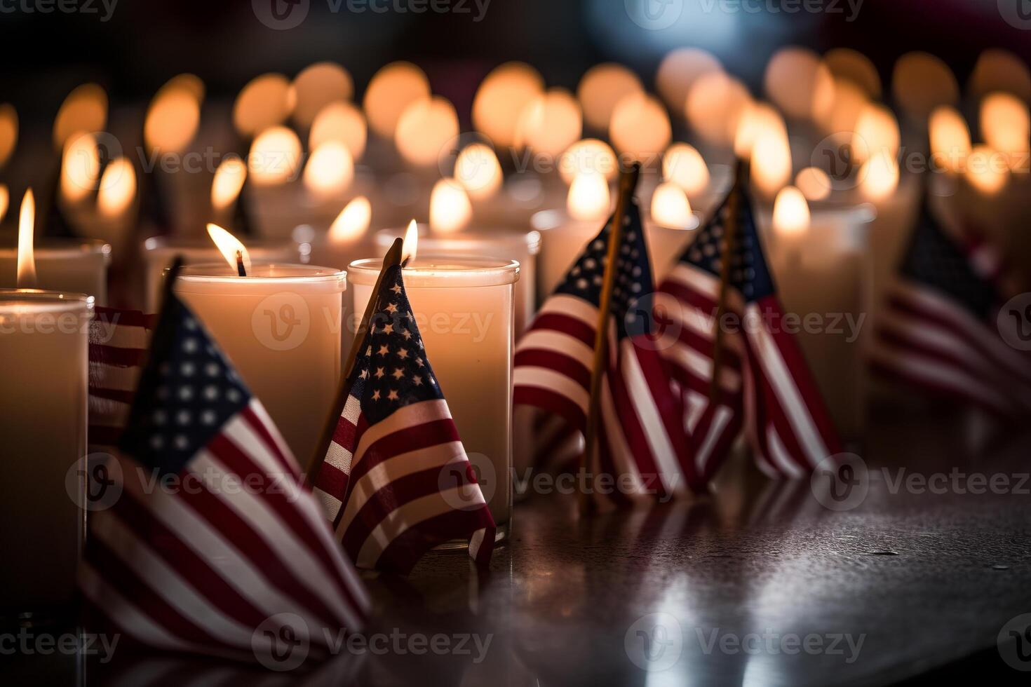 ai gerado a americano bandeira suavemente coberto sobre uma linha do memorial velas com uma pano de fundo do solenidade em patriota dia. generativo ai foto