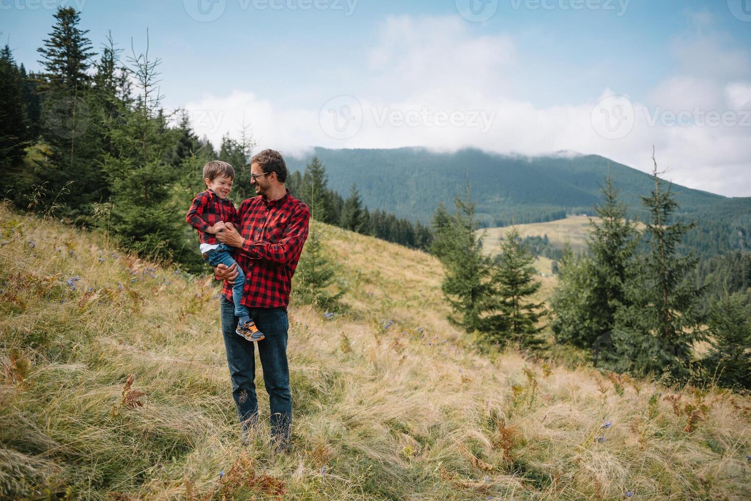 jovem pai com bebê Garoto viajando. pai em caminhada aventura com criança, família viagem dentro montanhas. nacional parque. caminhar com crianças. ativo verão feriados. foto