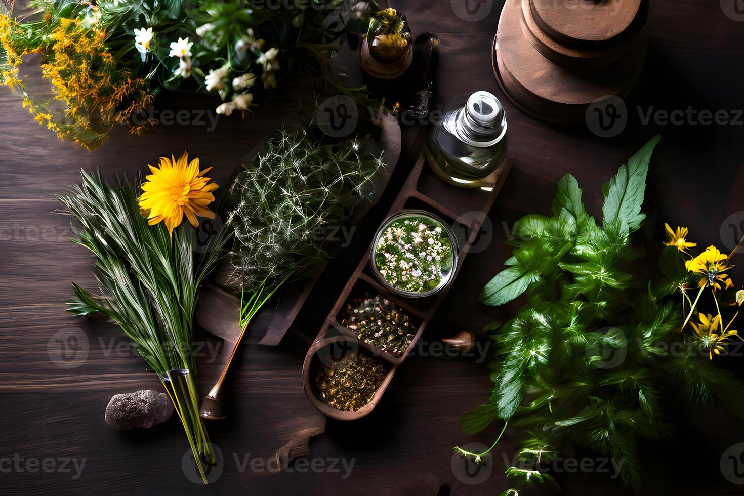 ai gerado ervas e médico plantas estão arranjado em uma de madeira mesa foto