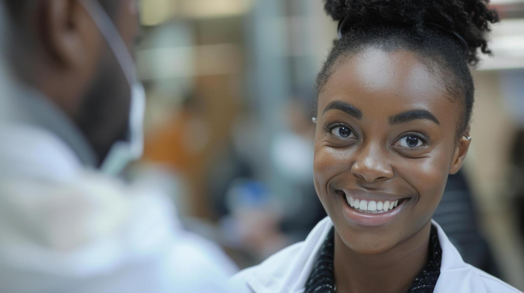 ai gerado sorridente mulher dentro branco laboratório casaco foto