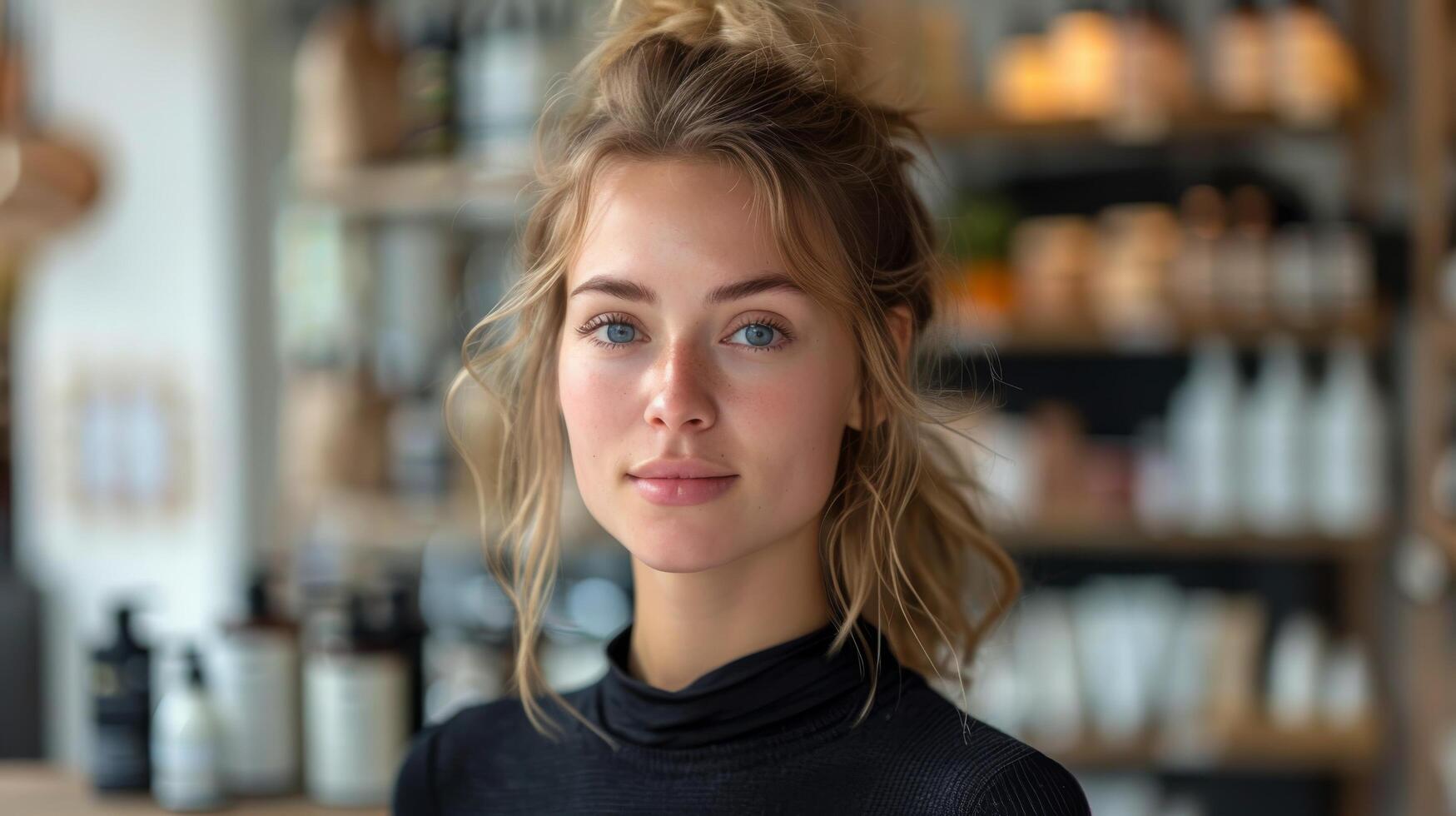 ai gerado mulher com grandes Loiras cabelo vestindo cachecol foto