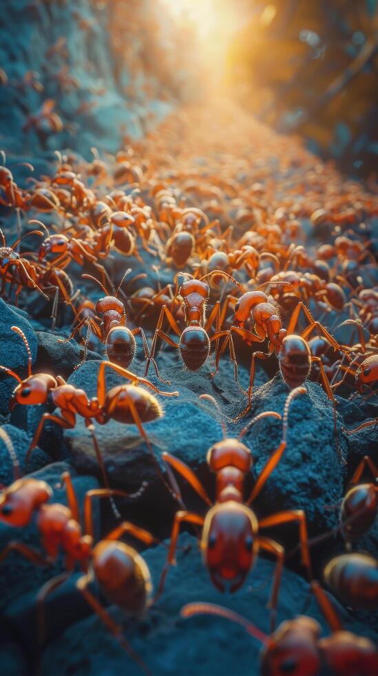 ai gerado grupo do formigas cruzando uma estrada foto