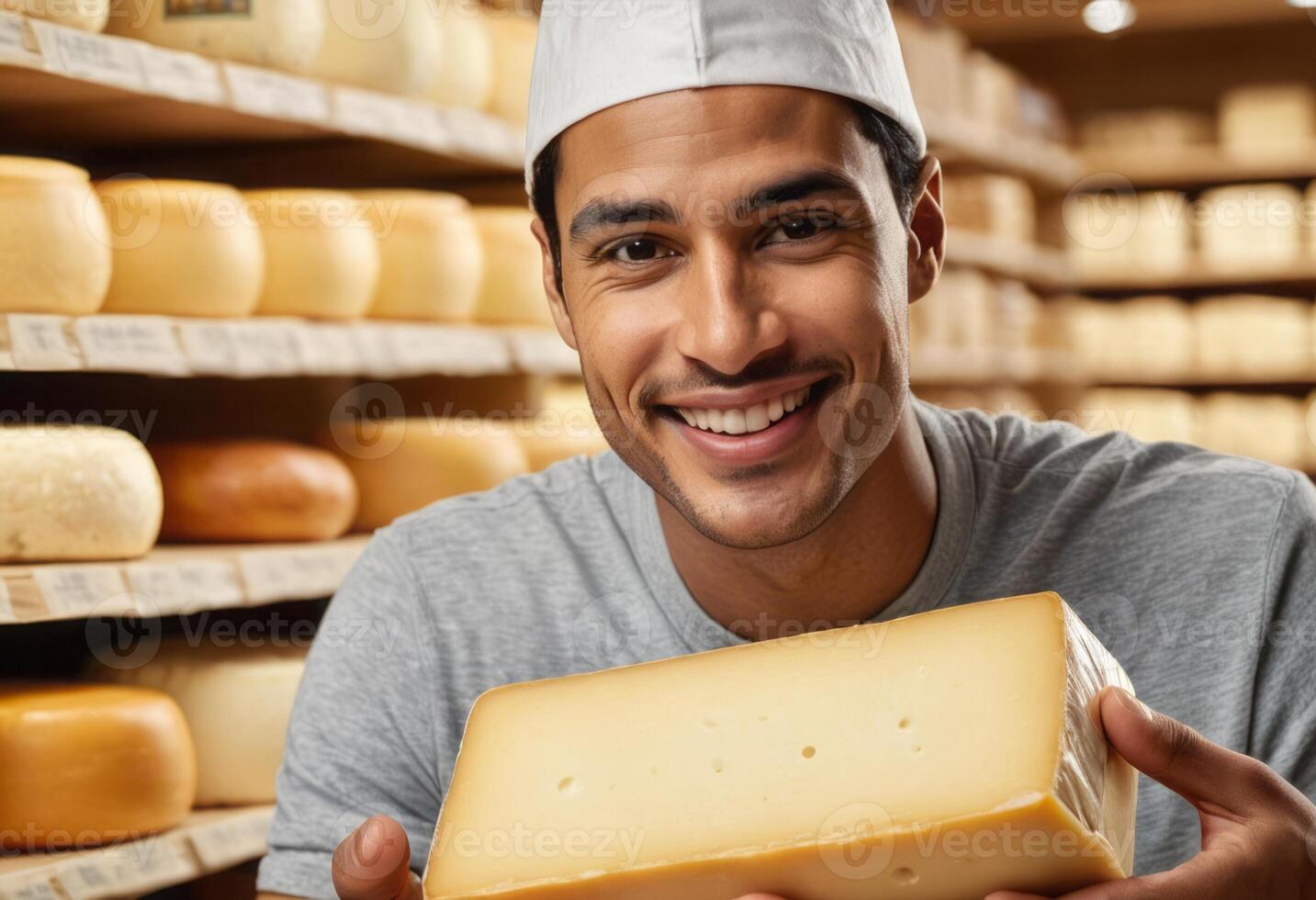 ai gerado uma Fabricante de queijos dentro uma queijo porão orgulhosamente apresenta a artesanal queijo, indicando artesanato e tradição dentro fabricação de queijo. foto