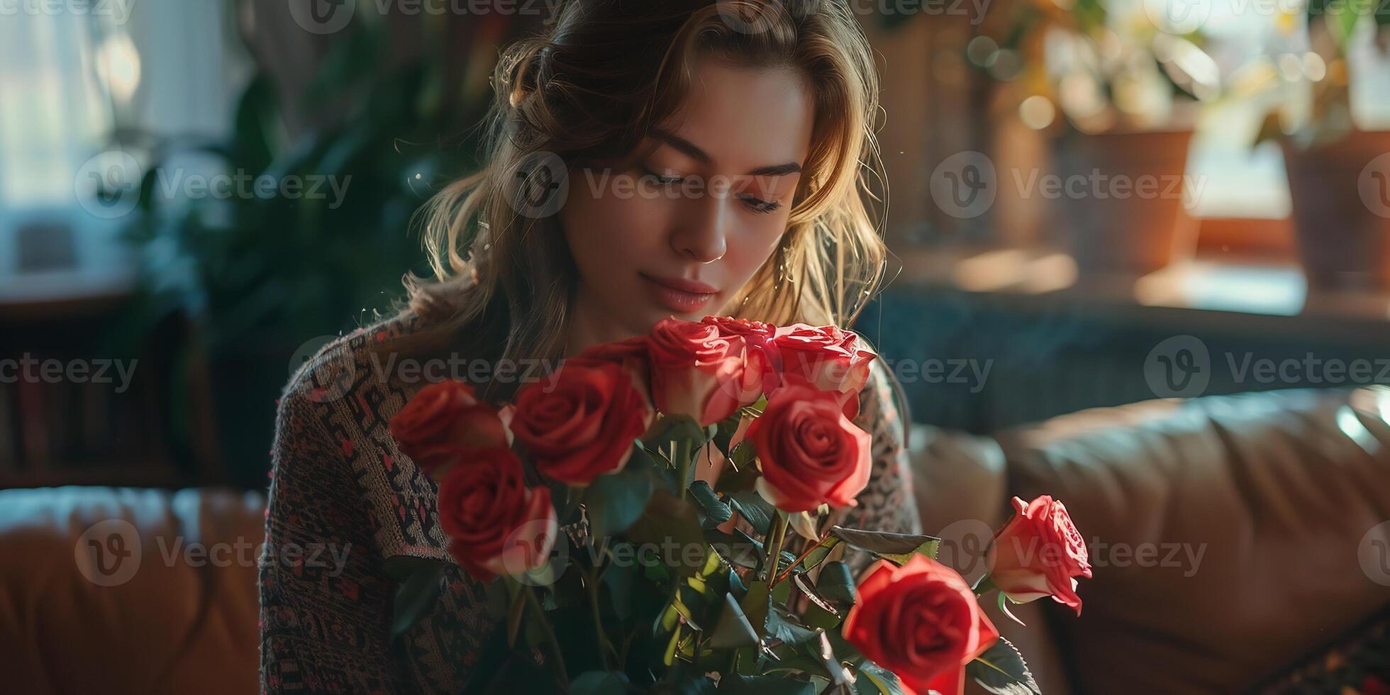 ai gerado fechar-se Visão do ramalhete do fresco brilhante vermelho rosa flores que ternamente segurando jovem mulher e Veja às isto foto