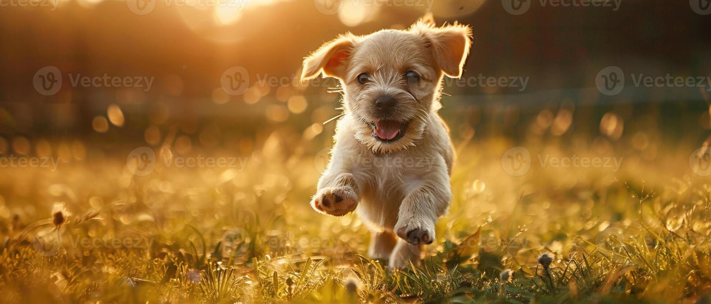 ai gerado uma brincalhão cachorro corre alegremente através uma iluminado pelo sol Prado foto