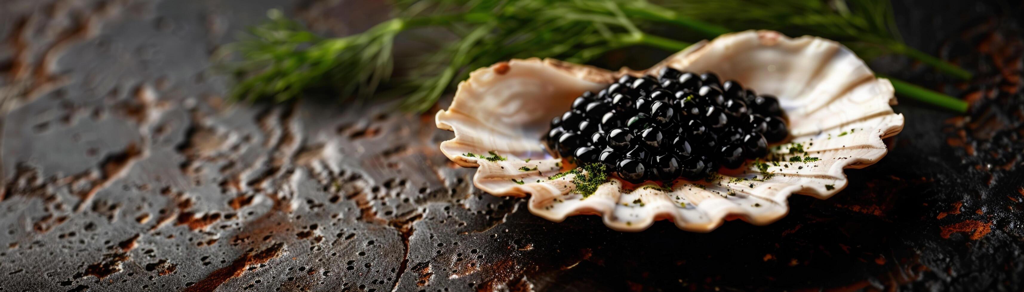 ai gerado uma gourmet apresentação do Preto caviar servido dentro uma Vieira Concha com aneto em uma Sombrio foto