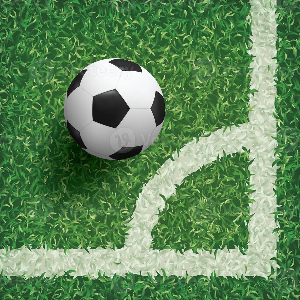 bola de futebol de futebol na área de canto do campo de futebol com fundo de textura de padrão de grama verde. gráfico de ilustração. foto