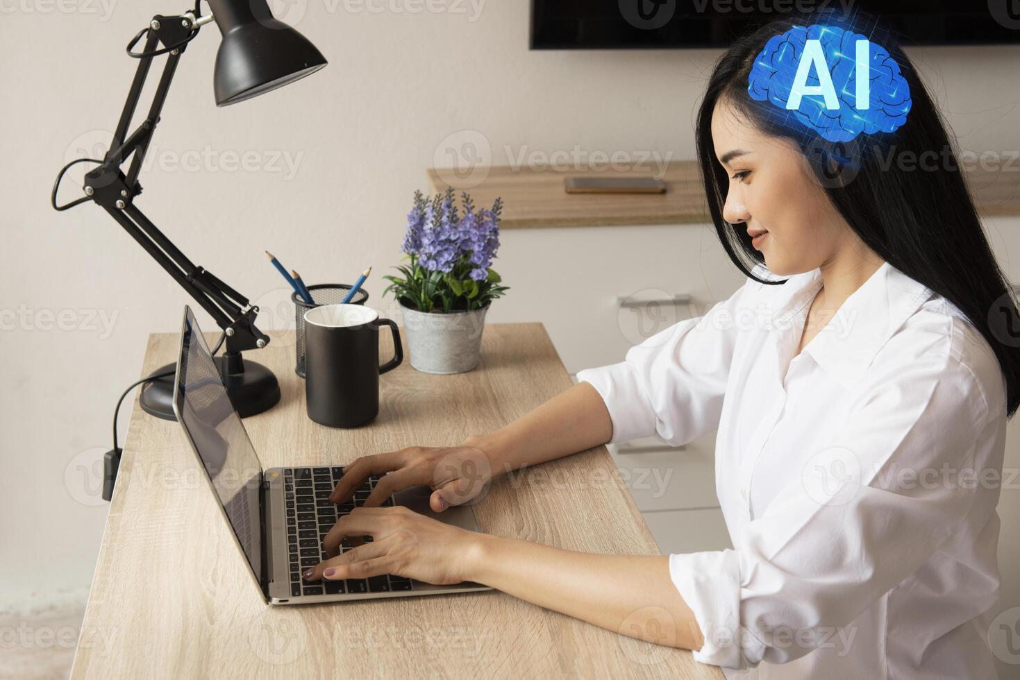 retrato do lindo jovem africano americano empresária usando computador portátil dentro embaçado escritório com Duplo exposição do futurista ai artificial inteligência interface. conceito do máquina Aprendendo foto