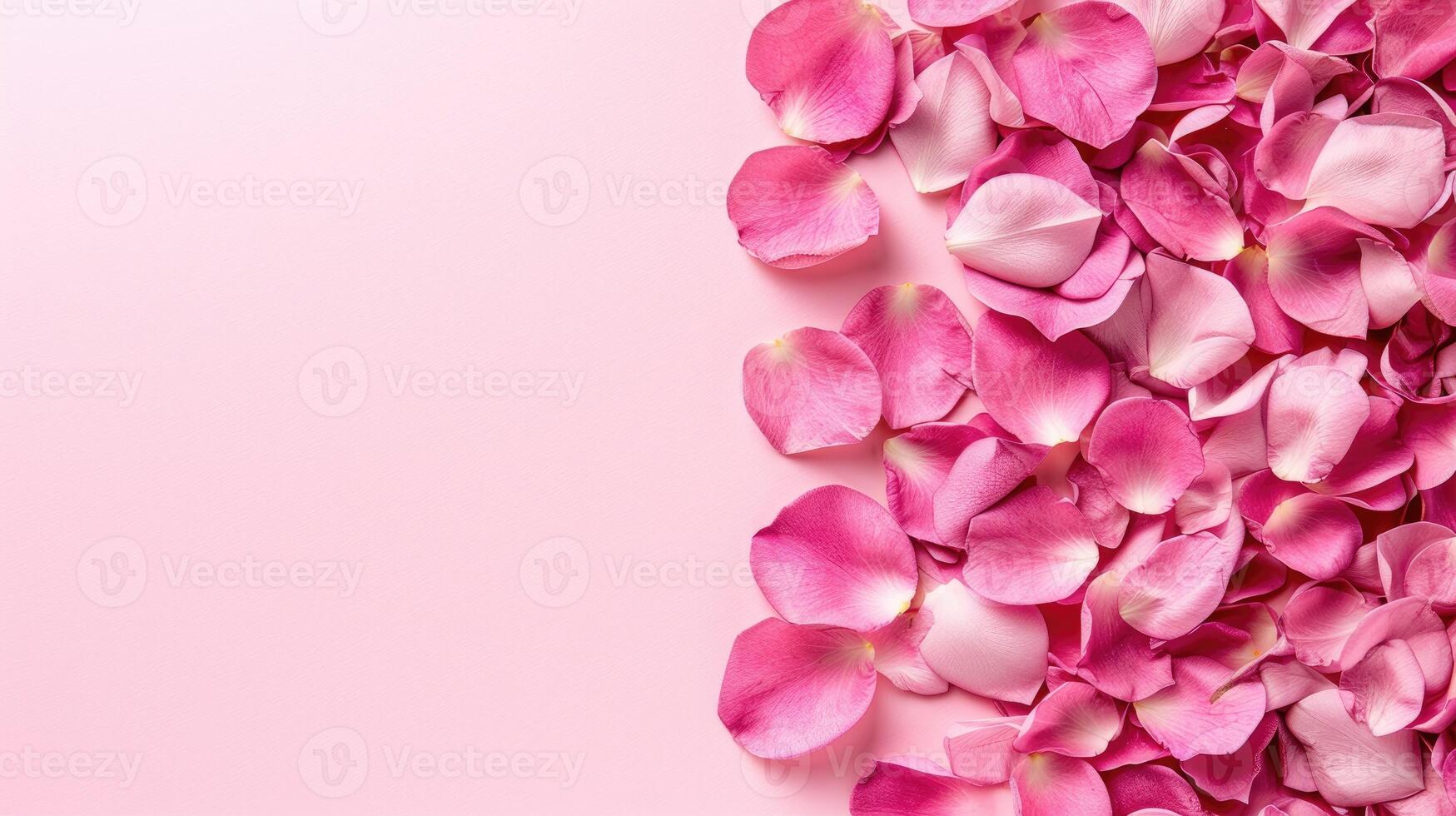 ai gerado Rosa rosa pétalas em a lado do uma pastel Rosa fundo com cópia de espaço foto