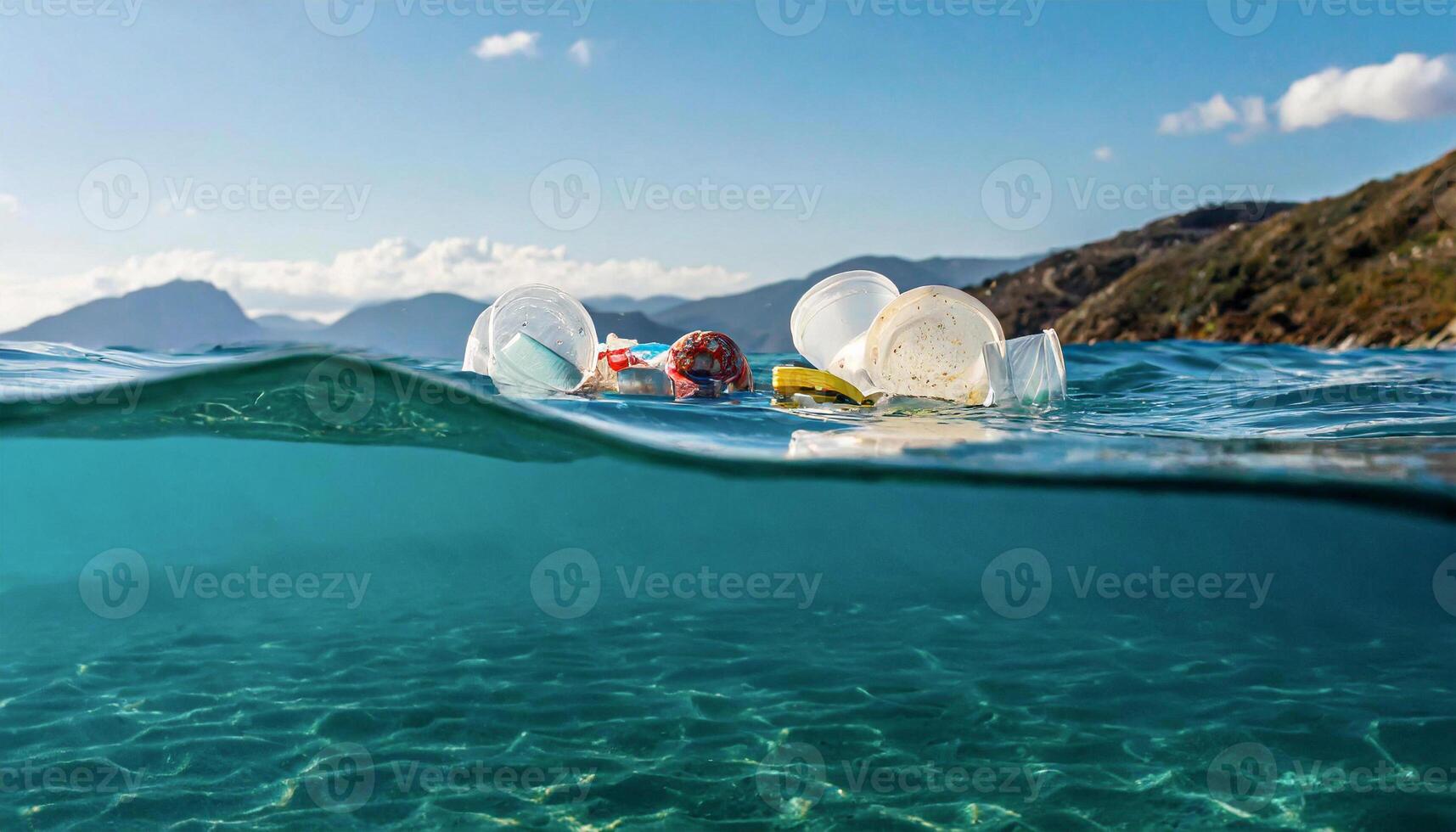 ai gerado plástico desperdício flutua dentro Claro oceano águas, uma rígido contraste para a natural beleza do a mar e distante montanhas. foto