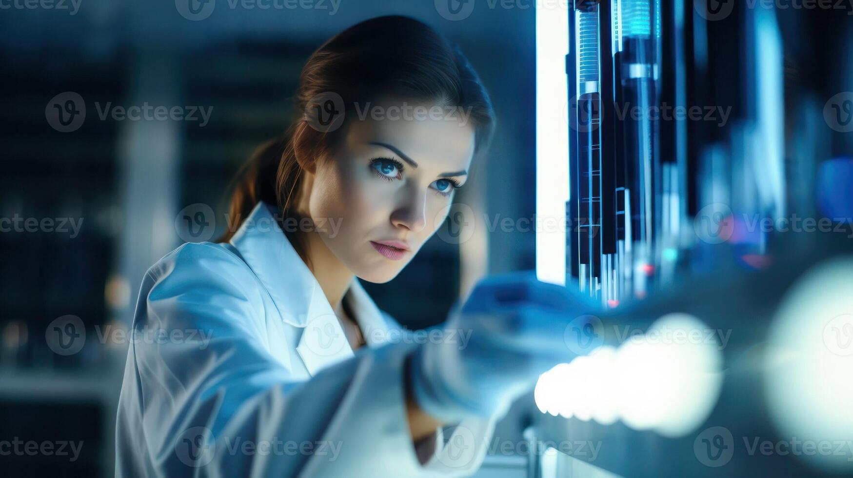 ai gerado científico laboratório. bonita menina médico com teste tubos. dna teste e médico trabalhar. mulher dentro branco casaco dentro a hospital. ai gerado foto