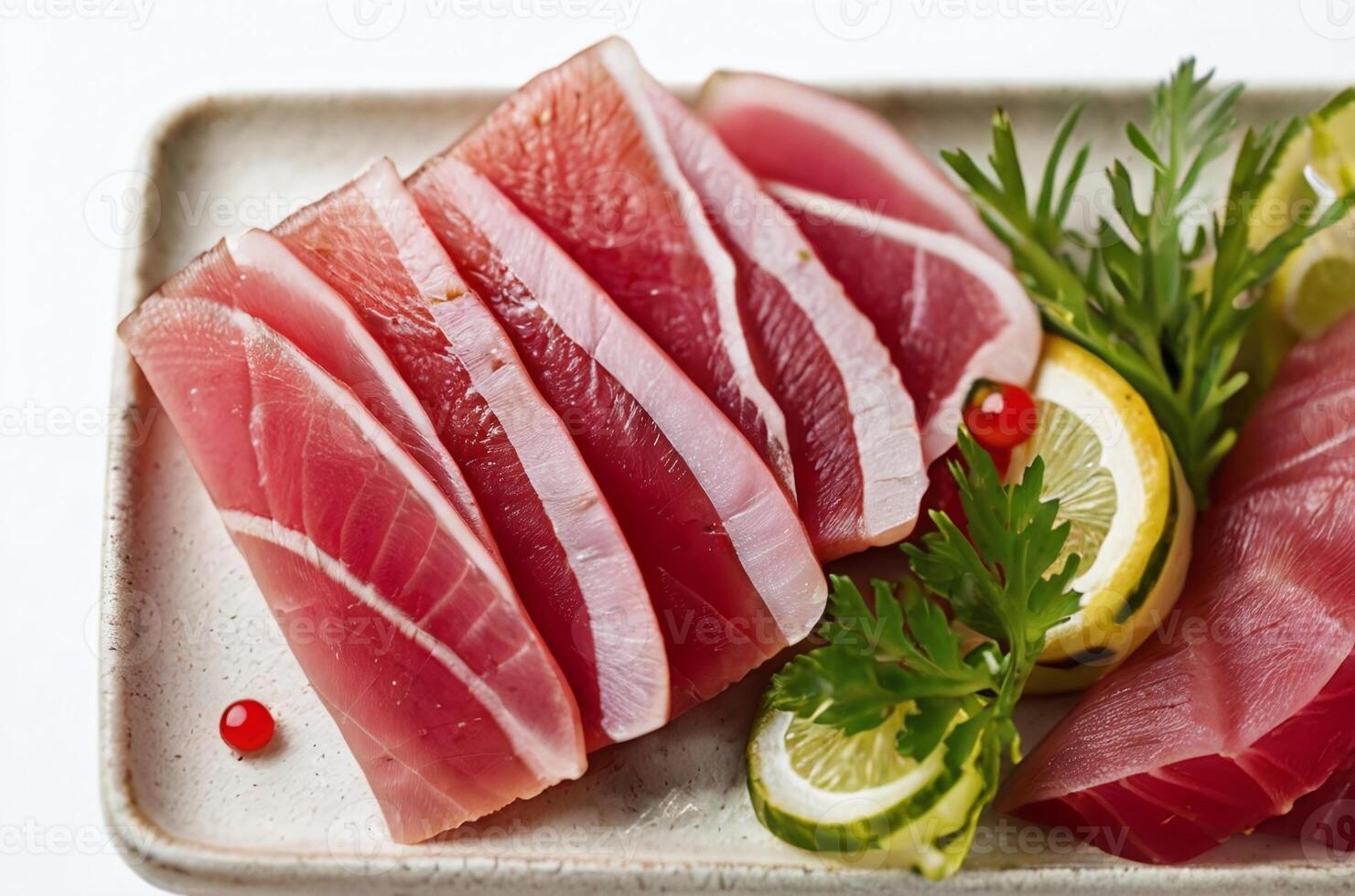 ai gerado atum sashimi com lado guarnição, enfeite, adorno isolado em uma branco fundo, topo Visão foto