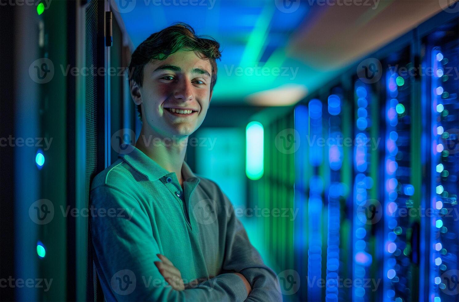 ai gerado retrato do jovem homem em pé com braços cruzado contra servidor quarto dentro dados Centro foto