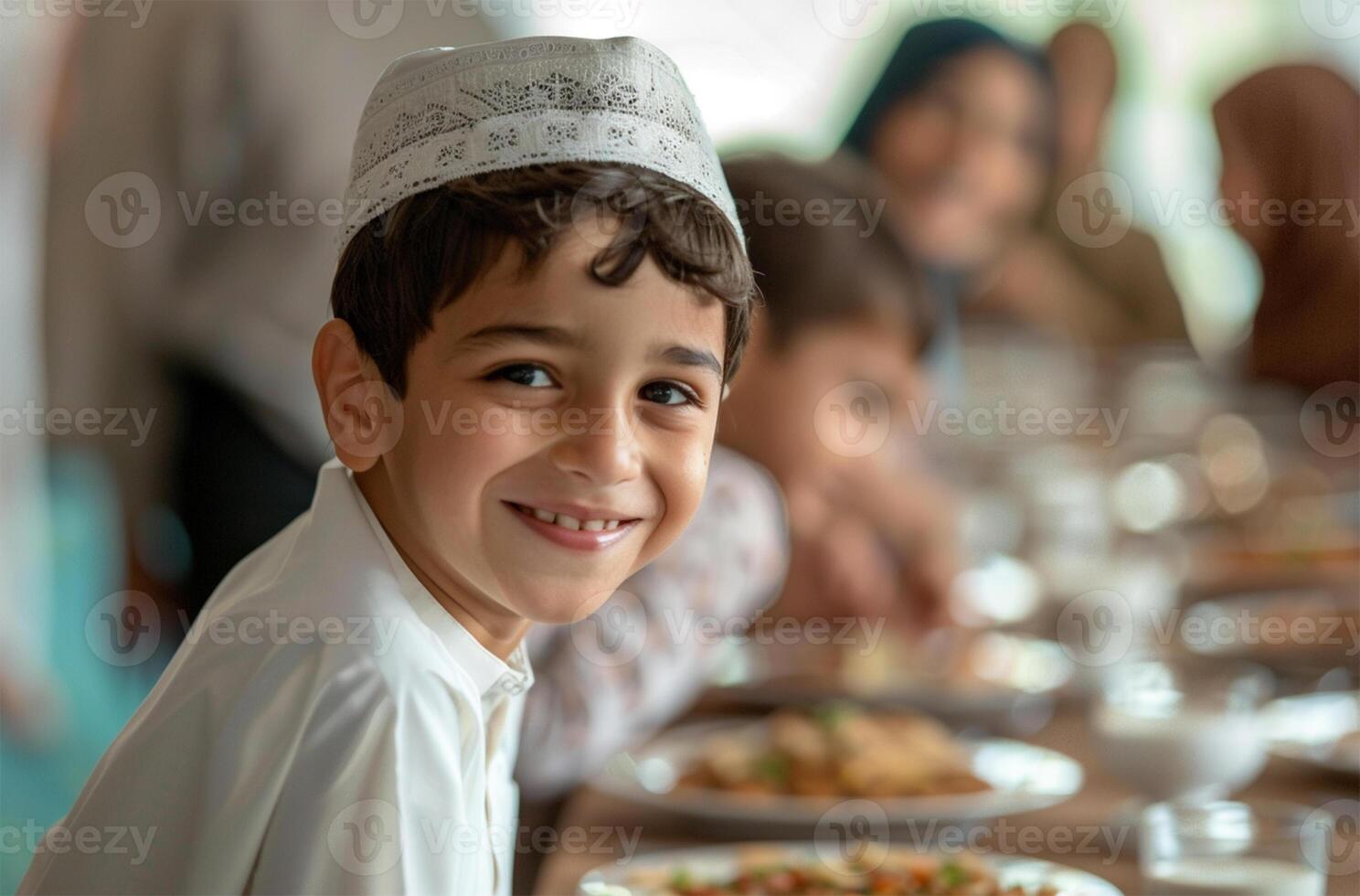 ai gerado família tendo almoço juntos durante Ramadã foto